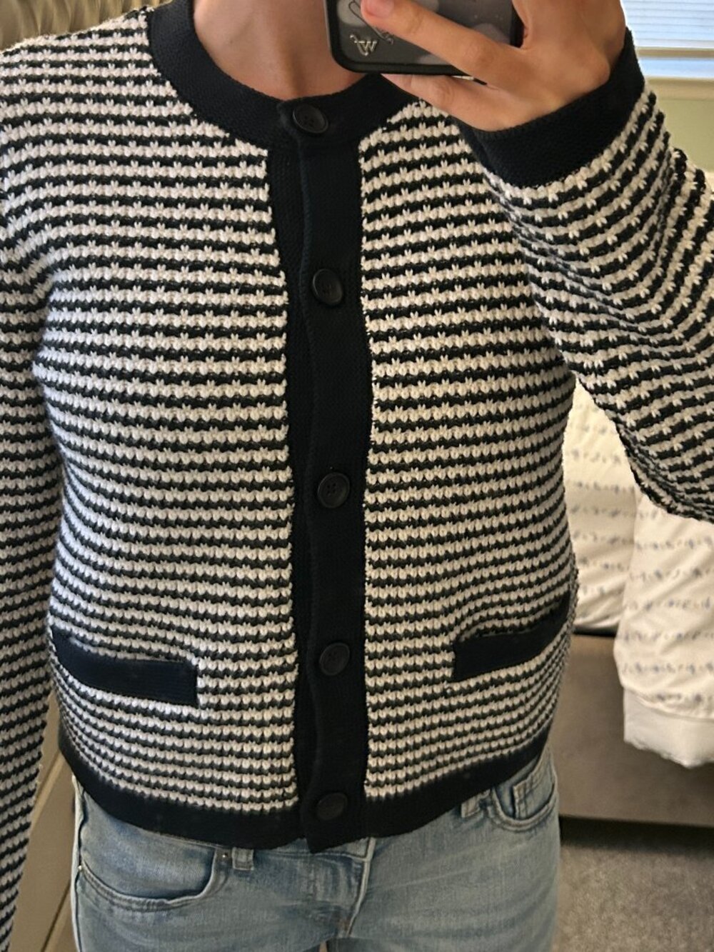 Uniqlo Waffle Knit Black + White Striped Cardigan - Picture 5 of 6